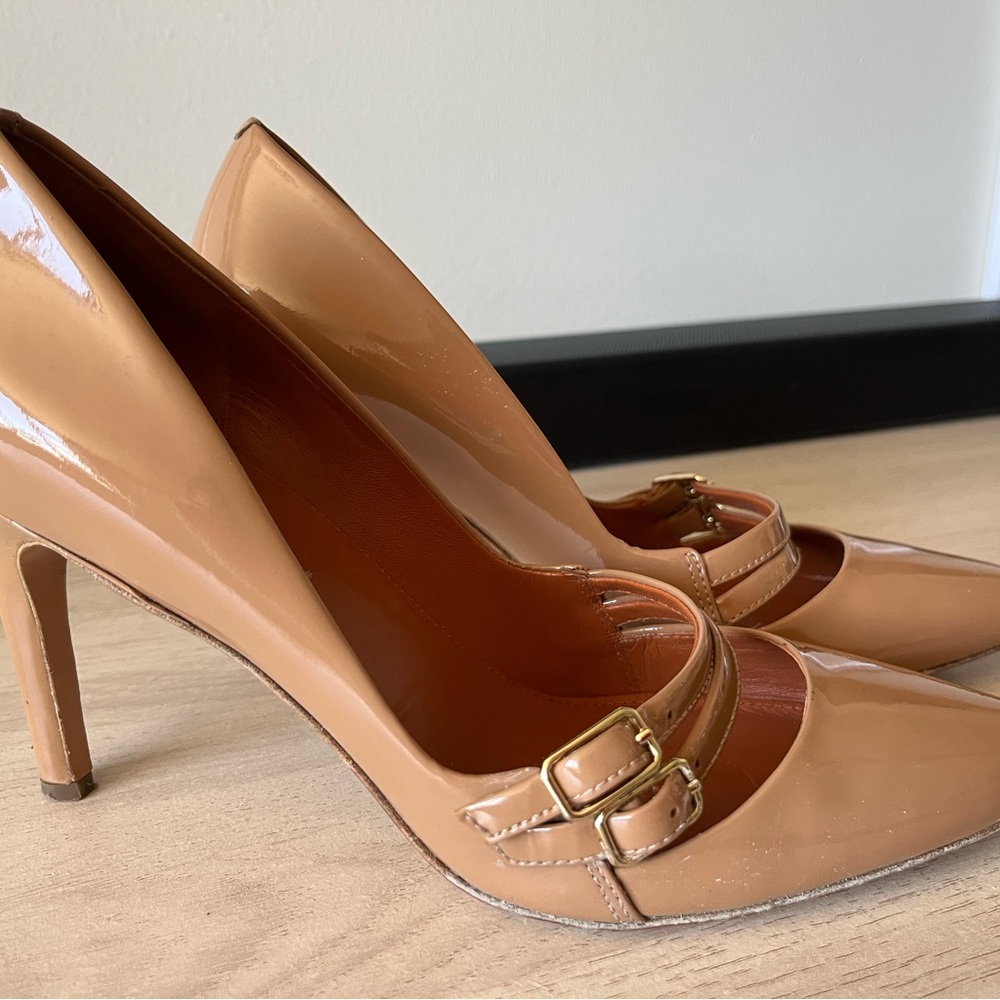 Via Spiga Nude Patent Leather Double Strap Pumps